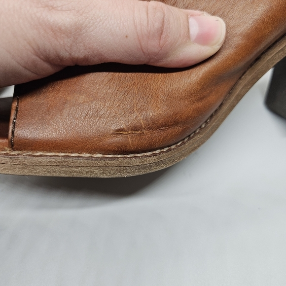 Frye cognac Izzy Zip moto sandal heeled mule peeptoe size 9B - Picture 9 of 13